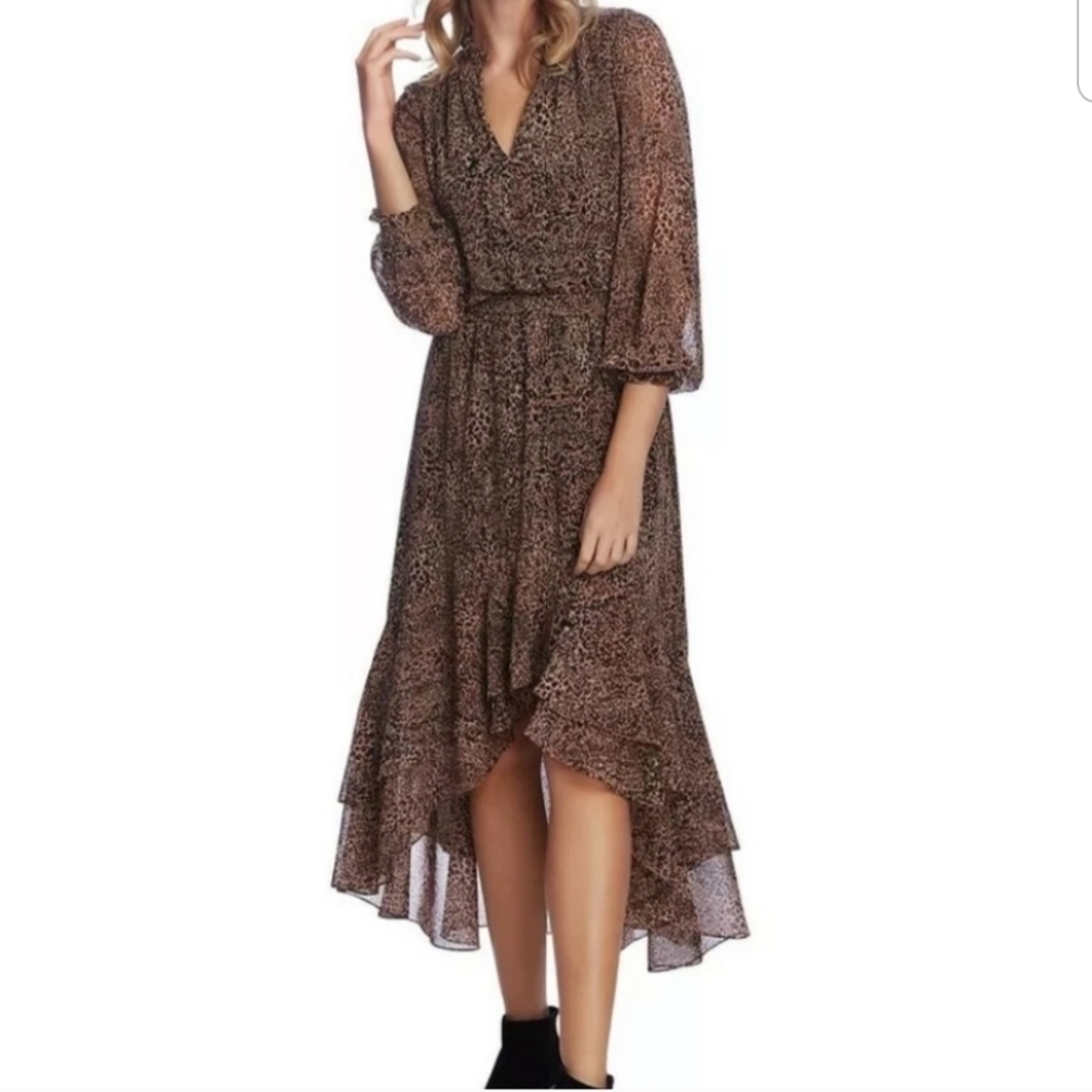 1. STATE Leopard Print Ruffled Smock Waist Midi Evening Dress NWT Medium